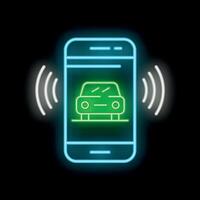 Neon smartphone displaying car sharing app interface with gps signal icon vector