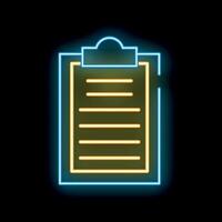 Neon icon of yellow checklist on blue clipboard glowing on black background vector