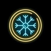 Glowing neon sign depicting a snowflake in a circle on a black background vector