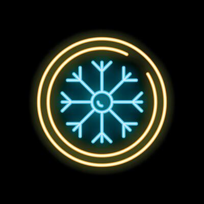 Glowing neon sign depicting a snowflake in a circle on a black background