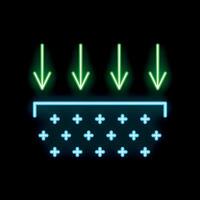 Green neon arrows pointing down at a blue surface covered in plus signs vector