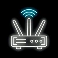 Neon wifi router transmitting signal icon glowing on black background vector