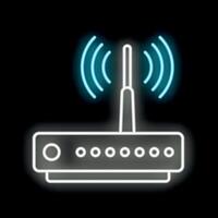 Neon wifi router emitting signal on black background vector