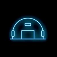 Blue neon sign showing a warehouse building with a gate on a black background vector