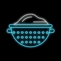 Glowing neon line icon of a colander isolated on a black background, representing kitchen utensils vector