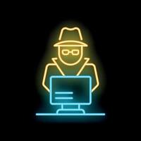 Neon spy hacking computer on black background vector
