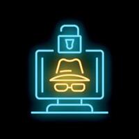 Neon icon of hacker breaking computer security system vector