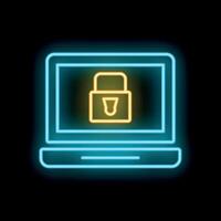 Neon laptop showing security padlock icon on black background vector