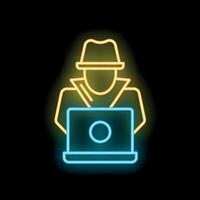Anonymous hacker in hat using laptop neon sign on black background vector