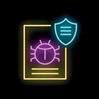 Neon icon of a shield protecting a document from a computer bug vector