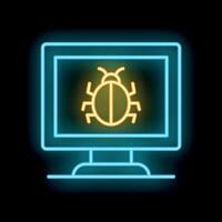 Neon computer monitor showing a bug icon on a black background vector