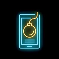 Neon icon of smartphone showing bomb threatening message vector