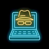 Neon icon of hacker wearing hat and sunglasses on laptop screen vector