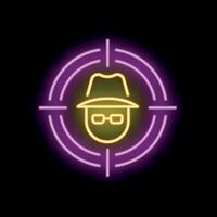 Neon icon of spy face in target aiming center pointing vector
