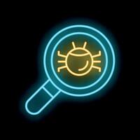 Neon icon of magnifying glass detecting computer virus vector