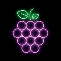 Neon sign representing a grape with green leaves on a black background vector