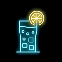 Neon cocktail glass with ice cubes and slice of lemon glowing on black background vector