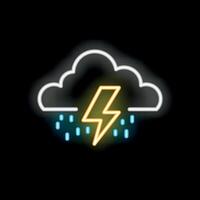Neon style icon of storm cloud with rain and lightning vector