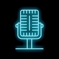 Blue neon sign retro microphone icon glowing on black background vector