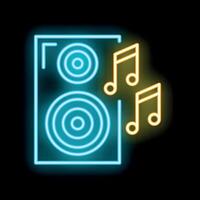 Neon speaker icon glowing with musical notes on dark background vector