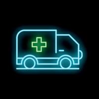 Neon ambulance icon glowing on dark background vector