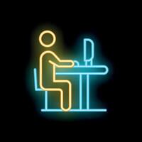 Businessman working on computer neon light sign icon vector