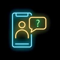 Neon icon of mobile phone showing user profile with question mark in speech bubble vector
