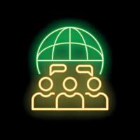 Neon icon of people chatting under a globe for global communication vector