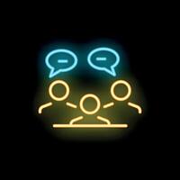 Team discussing during meeting with speech bubbles neon sign on black background vector