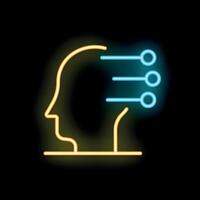 Neon icon of human head receiving data representing machine learning vector