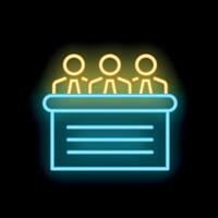 Neon icon of three businesspeople sitting at a table having a business meeting vector