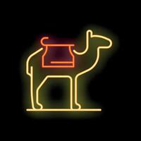 Neon camel carrying a saddlebag on its back on black background vector