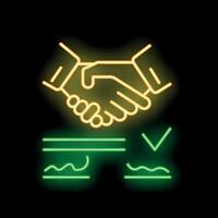 Businessmen shaking hands after signing business contract neon sign vector