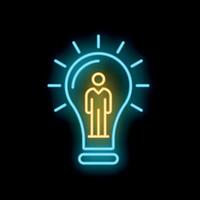 Neon icon of a businessman standing inside a glowing lightbulb vector