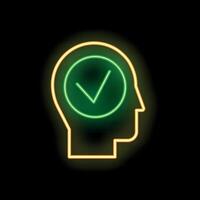 Neon sign representing a human head with a check mark suggesting a good idea vector