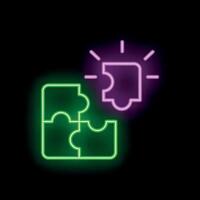 Neon puzzle piece completing the puzzle with idea light bulb symbol vector