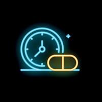Neon clock showing time to take medication with pill icon vector