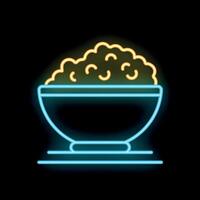 Neon icon of a bowl overflowing with rice glowing on a black background vector