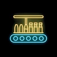 Neon sign of bottles moving on conveyor belt in factory at night vector