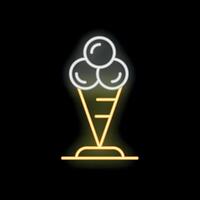 Glowing neon sign of ice cream balls in waffle cone on black background vector