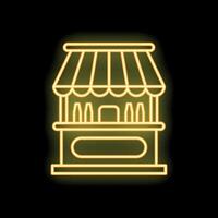 Glowing yellow neon icon of a street food stall with bottles on a shelf, isolated on a black background vector