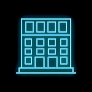 brillante neón firmar de un moderno multi piso edificio con grande ventanas en un negro antecedentes vector