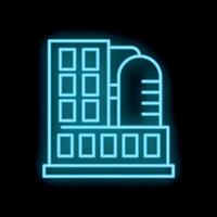Blue neon sign of a factory building with a chimney on a black background vector
