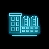 Neon style icon representing a factory building with pipes and administrative offices vector
