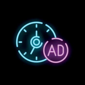Neon sign showing clock counting down time until advertisement vector