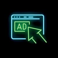 Neon internet browser window displaying online advertisement with mouse cursor clicking vector