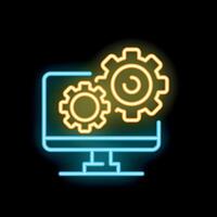 Neon icon of computer displaying rotating gears for automation vector