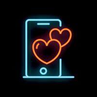 Neon mobile phone with hearts showing online dating app vector