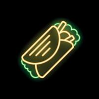 Glowing neon sign of a delicious burrito with vegetables on black background vector