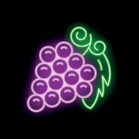Neon sign showing bunch of round grapes with leaf on black background vector
